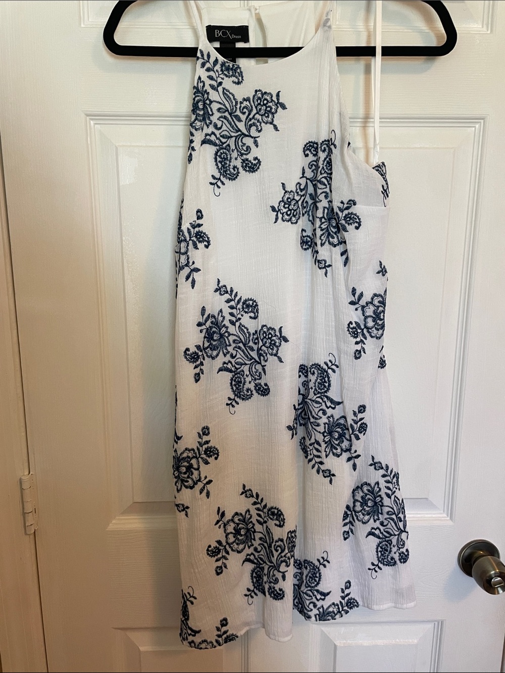 BCX White Dress with Navy Floral Embroidery